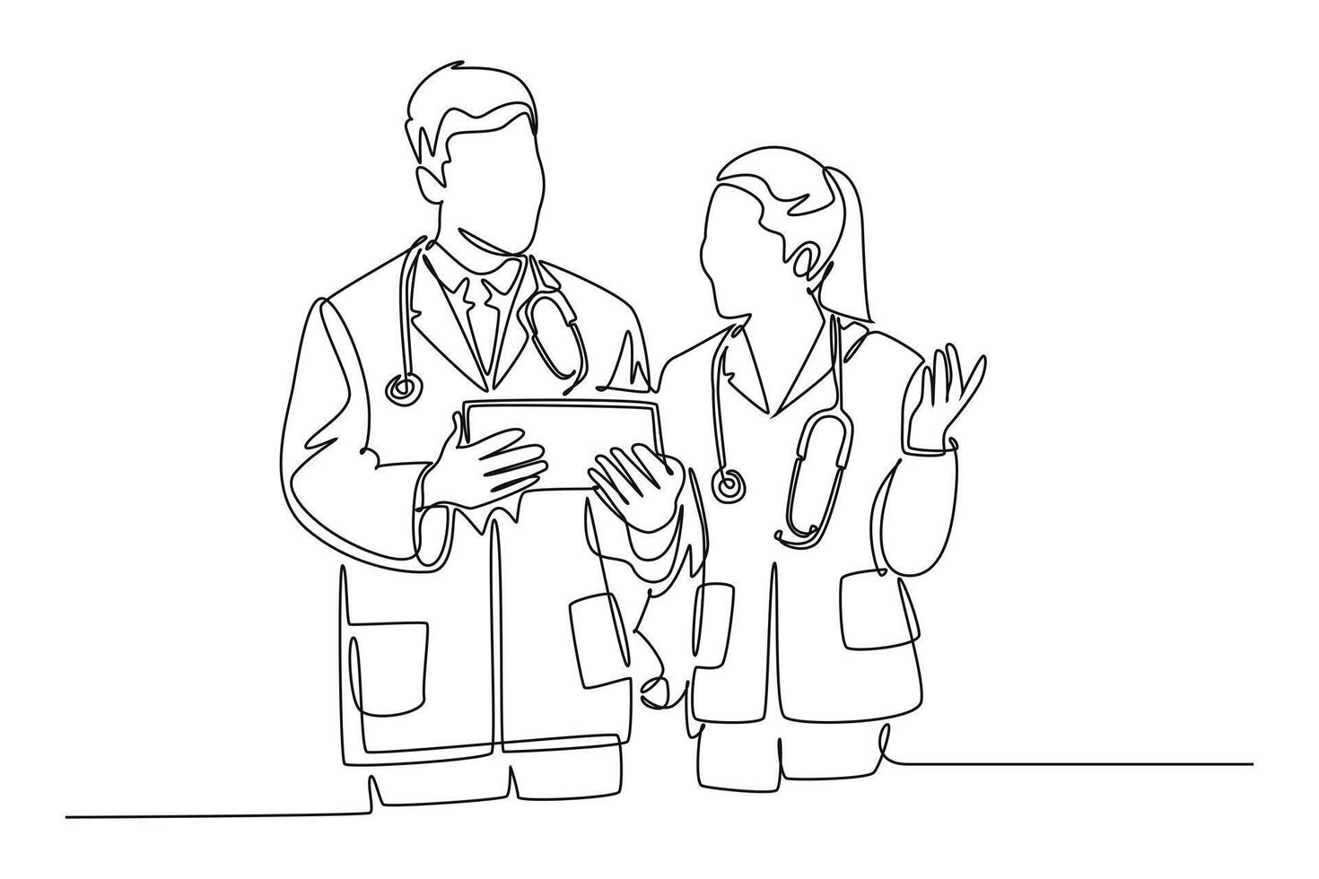 Single one line drawing couple doctor standing and discussing about health topic article on tablet. Male and female medical healthcare service. Continuous line draw design graphic illustration vector