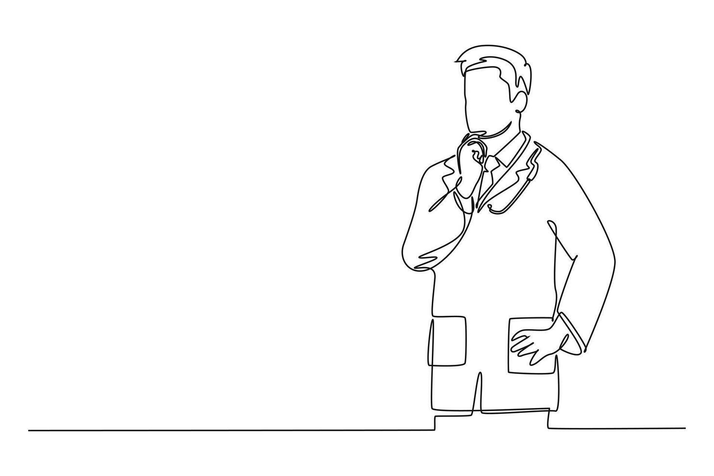 Single continuous line drawing male doctor pensive and thinking solution to cure patient with observation research vaccine. Medical innovation concept. One line draw graphic design illustration vector