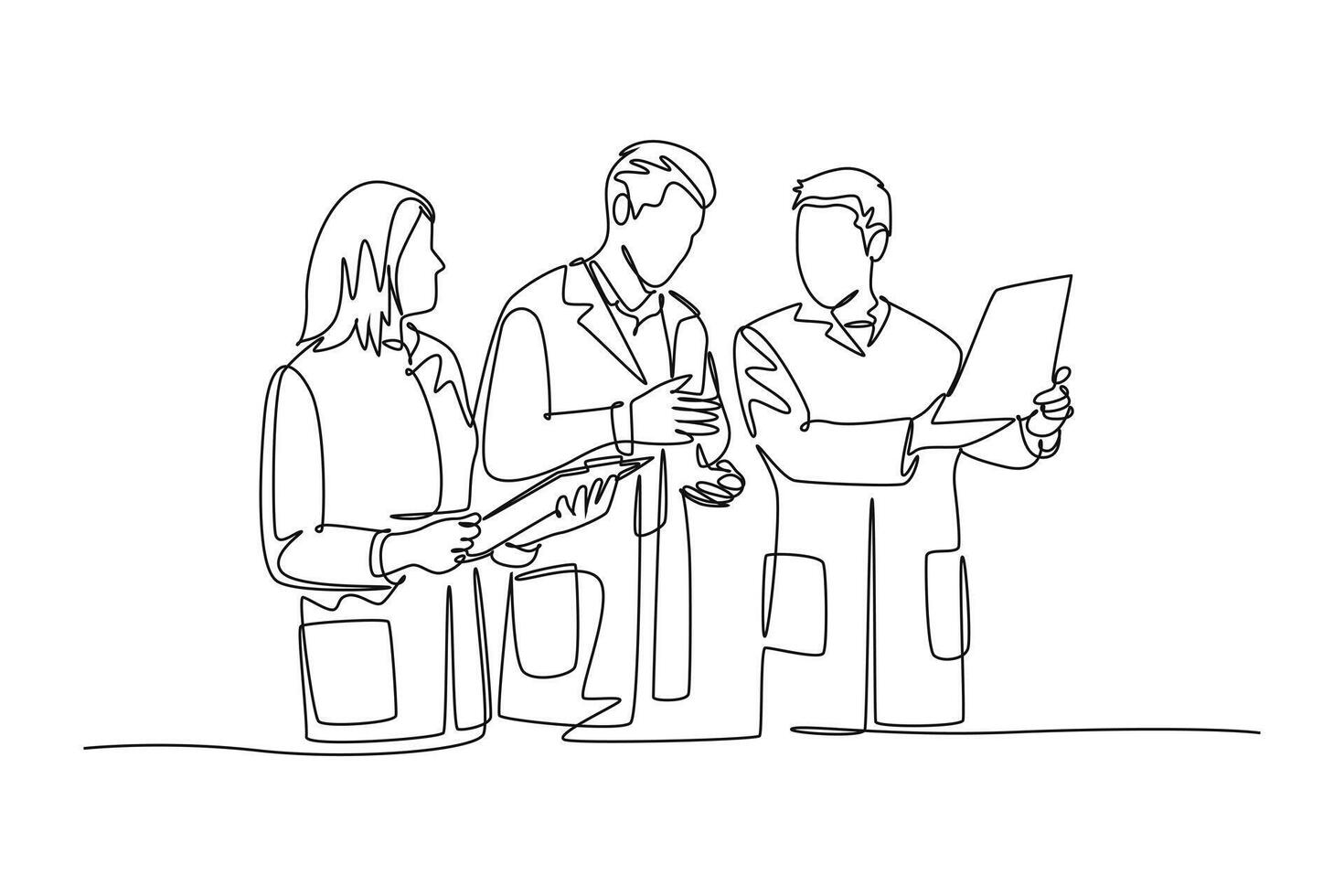 Continuous one line drawing group of doctor diagnosing patient illness while discussing his x-ray photo result. Medical health care service concept. Single line draw design graphic illustration vector