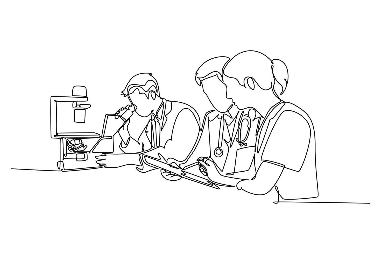 Continuous one line drawing group doctor analyze infected patient blood sample using laboratory microscope to find vaccine. Medical research team. Single line draw design graphic illustration vector
