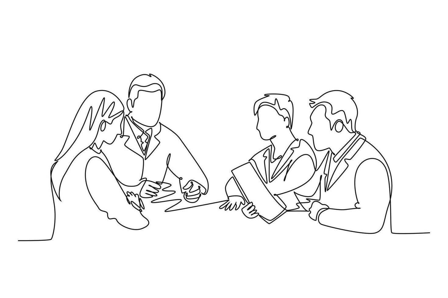 Continuous one line drawing group of doctor diagnosing illness while reading patient medical record at meeting room. Hospital health care teamwork. Single line draw design graphic illustration vector