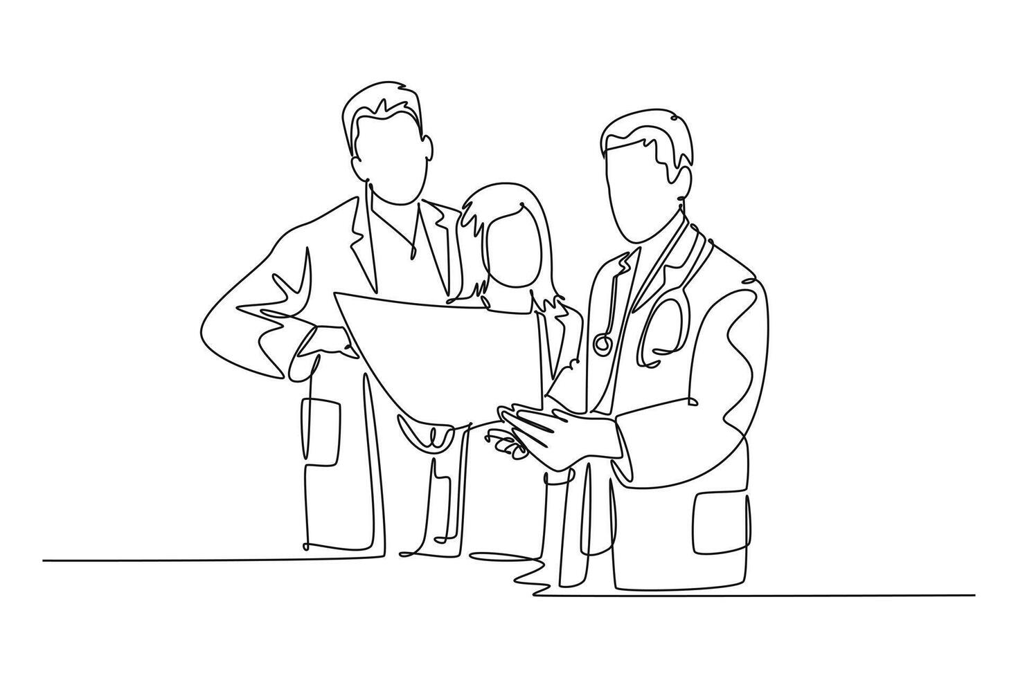Continuous one line drawing group of team doctor discussing and diagnosing patient x-ray photo result at hospital. Medical health care services concept. Single line design graphic illustration vector