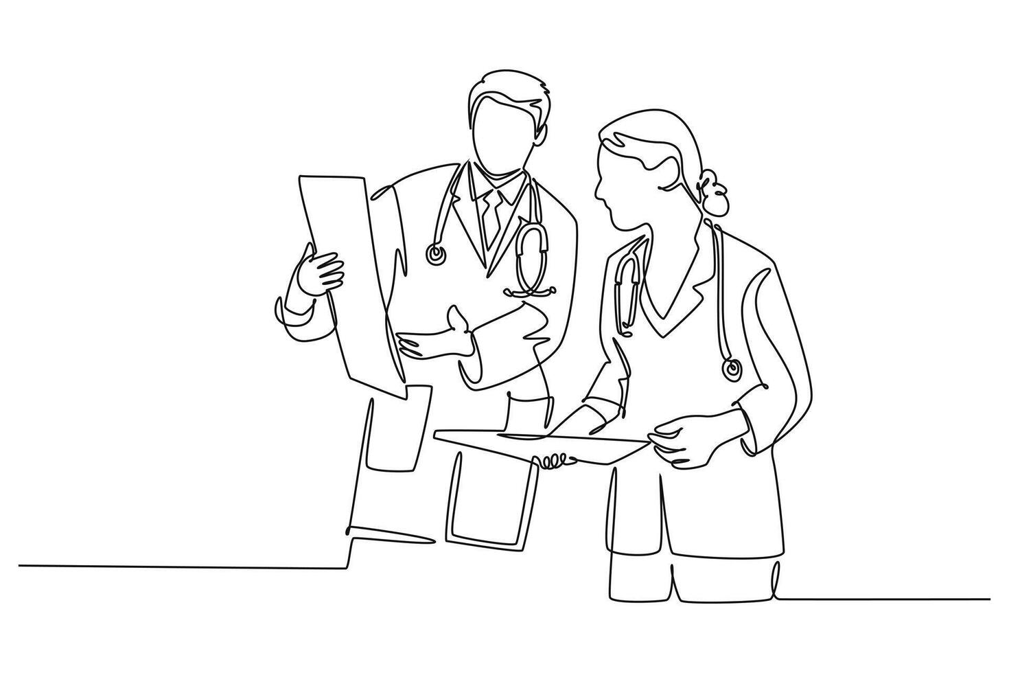 Single one line drawing couple male and female doctor discussing and diagnosing patient x-ray photo result together. Medical healthcare concept. Continuous line draw design graphic illustration vector