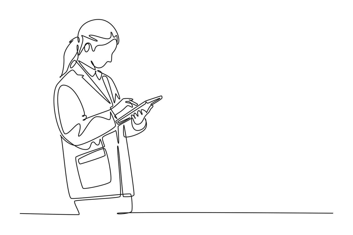 Single continuous line drawing female doctor standing and holding clipboard to checking medical record patient condition at hospital. Health care concept. One line graphic design illustration vector