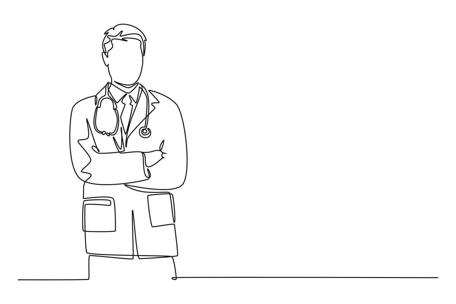 Continuous one line drawing smart handsome male doctor standing with folded hands gesture at hospital. Medical health care service workers concept. Single line draw design graphic illustration vector