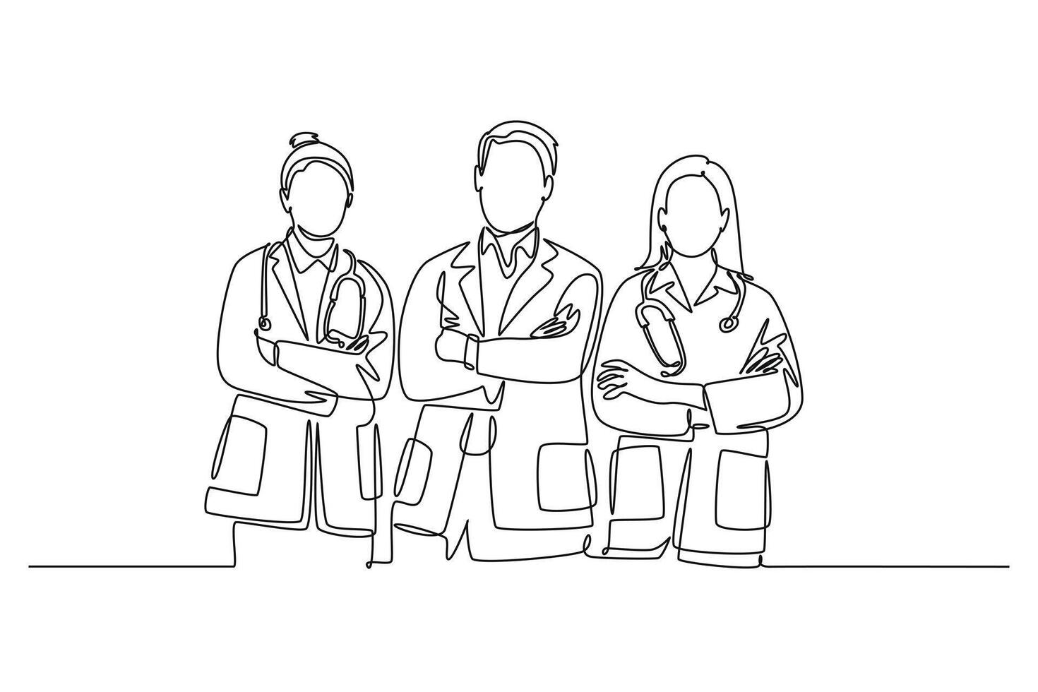 Single one line drawing group of young male and female doctors standing together with folded hands gesture. Teamwork medical healthcare service. Continuous line draw design graphic illustration vector