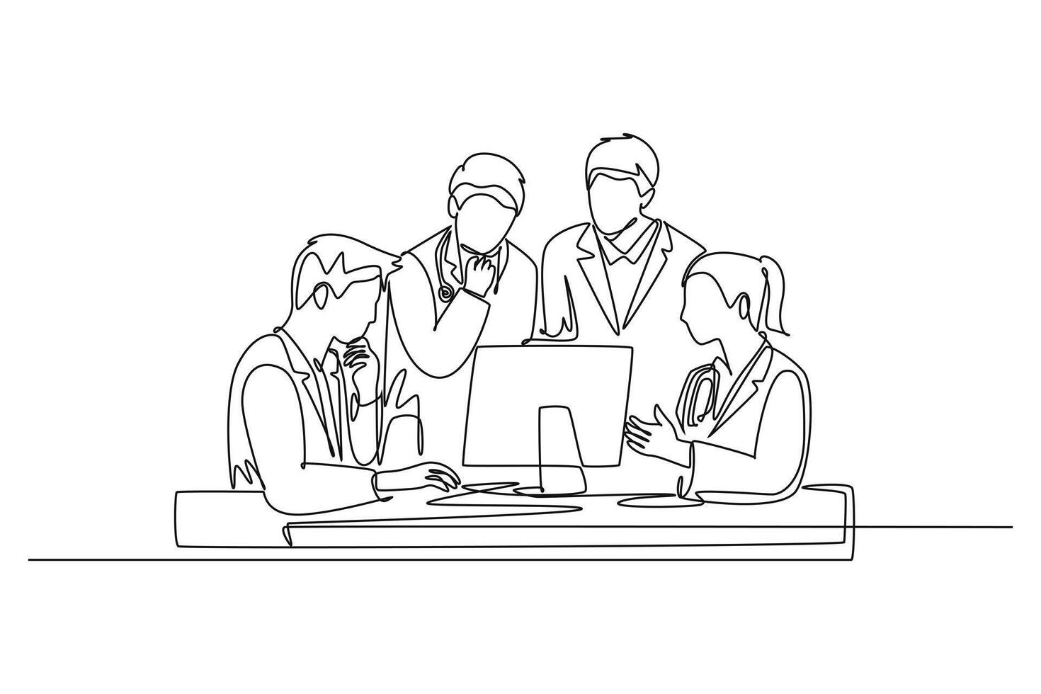 Single continuous line drawing group of male and female doctor discus while watching medical record patient on computer. Hospital health care concept. One line draw graphic design illustration vector