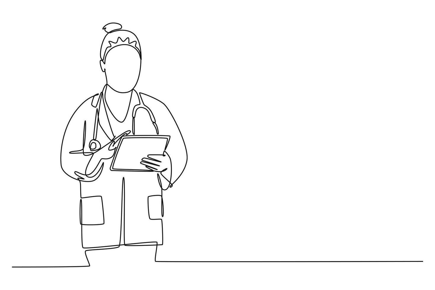 Single continuous line drawing front view of beauty female doctor reading patient medical record on clipboard at hospital hallway. Medical health care. One line draw graphic design illustration vector