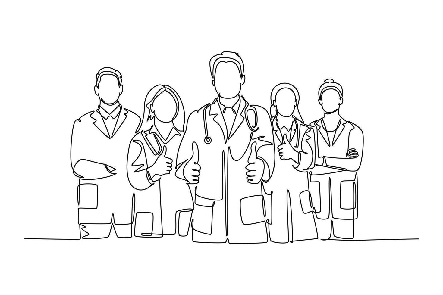 Single one line drawing group happy doctors giving thumbs up gesture for best healthcare service in hospital. Medical team work concept. Modern continuous line draw design graphic illustration vector