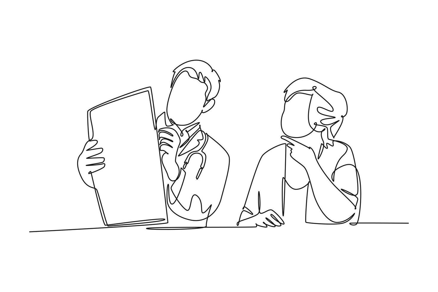 Single one line drawing of male doctor giving consultation session to female patient while reading medical record. Hospital health care concept. Continuous line draw design graphic illustration vector