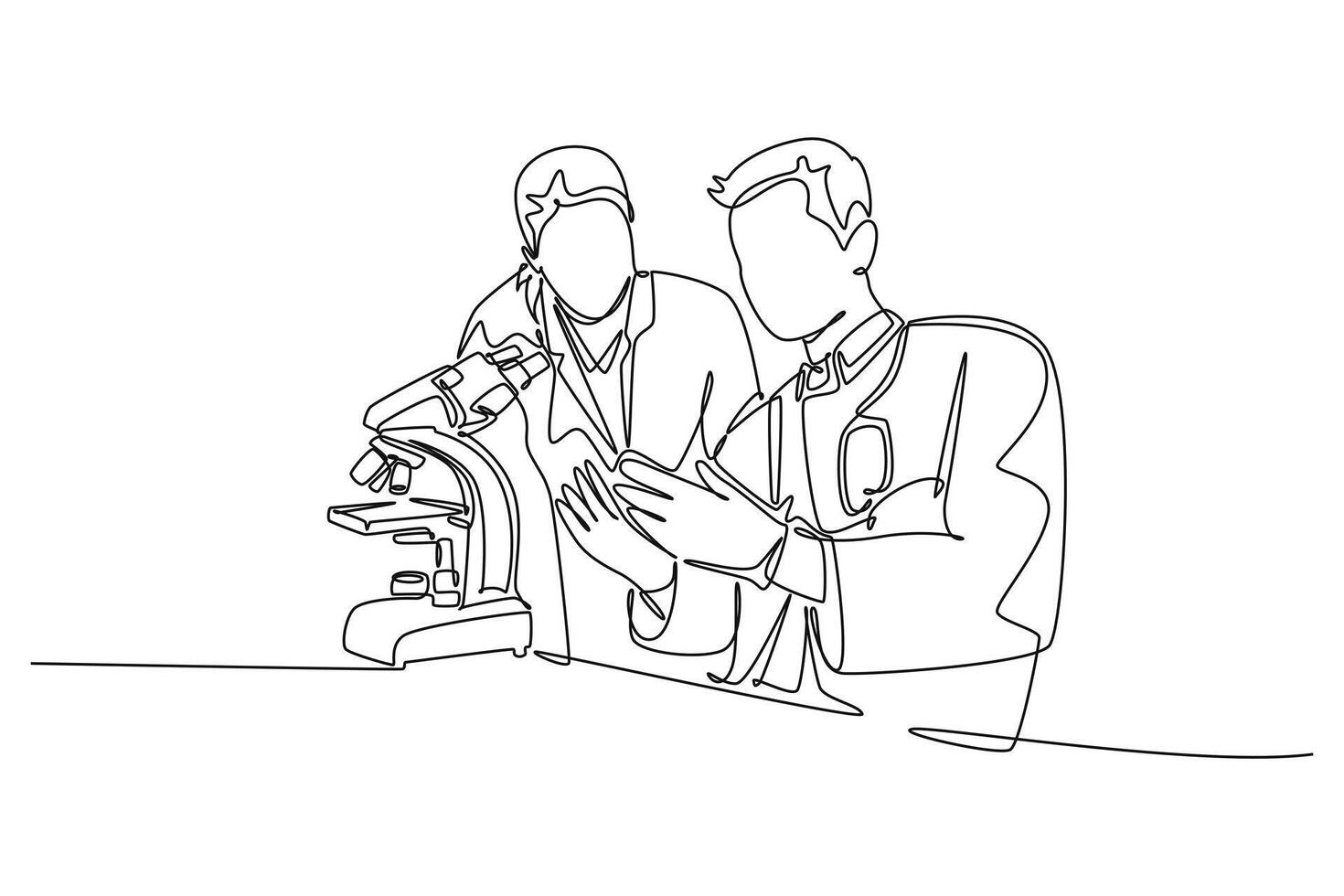 Continuous one line drawing couple scientist analyze blood sample using laboratory microscope to find covid19 vaccine. Medical research coronavirus. Single line draw design graphic illustration vector