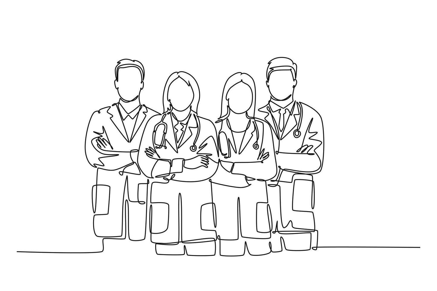 Single continuous line drawing group of male and female doctor line up to celebrate their successful surgery operation. Team work services healthcare. One line draw graphic design illustration vector