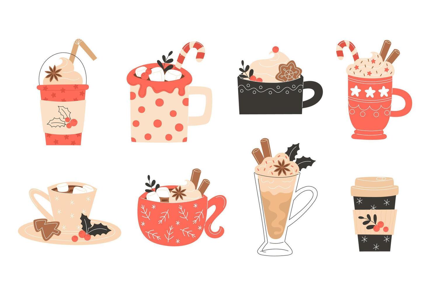 Cafe Christmas Hot Beverage Set with Lattes, Coffee, Hot Chocolate, Cocoa, Anise, and Gingerbread vector