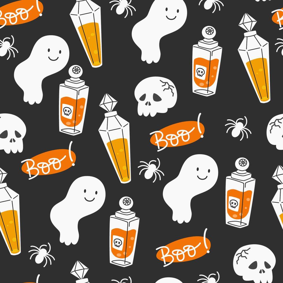 Seamless Pattern with Skull, Spider and Potion on a dark background vector