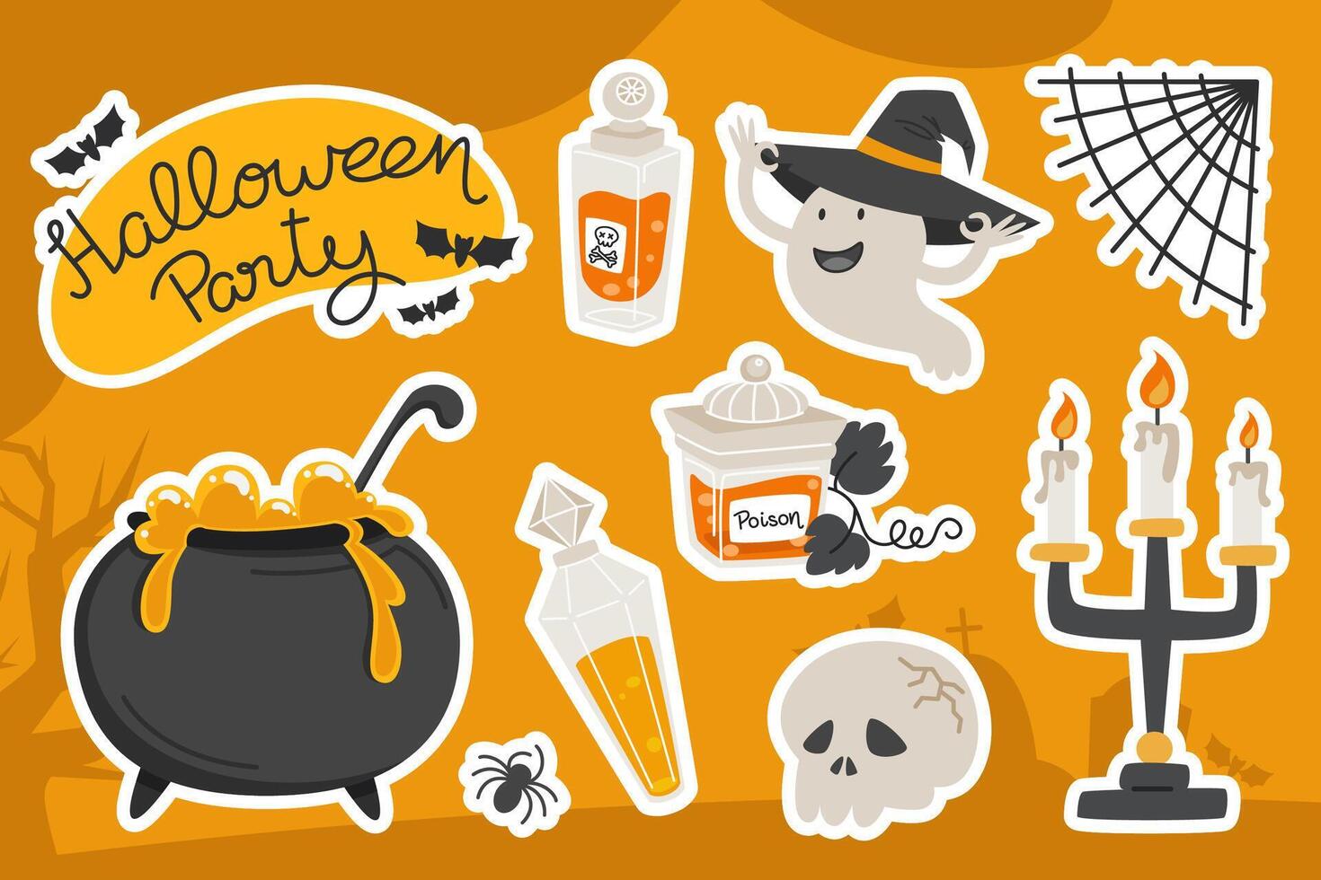 Halloween Sticker Set, Potion, Cauldron and Ghost vector