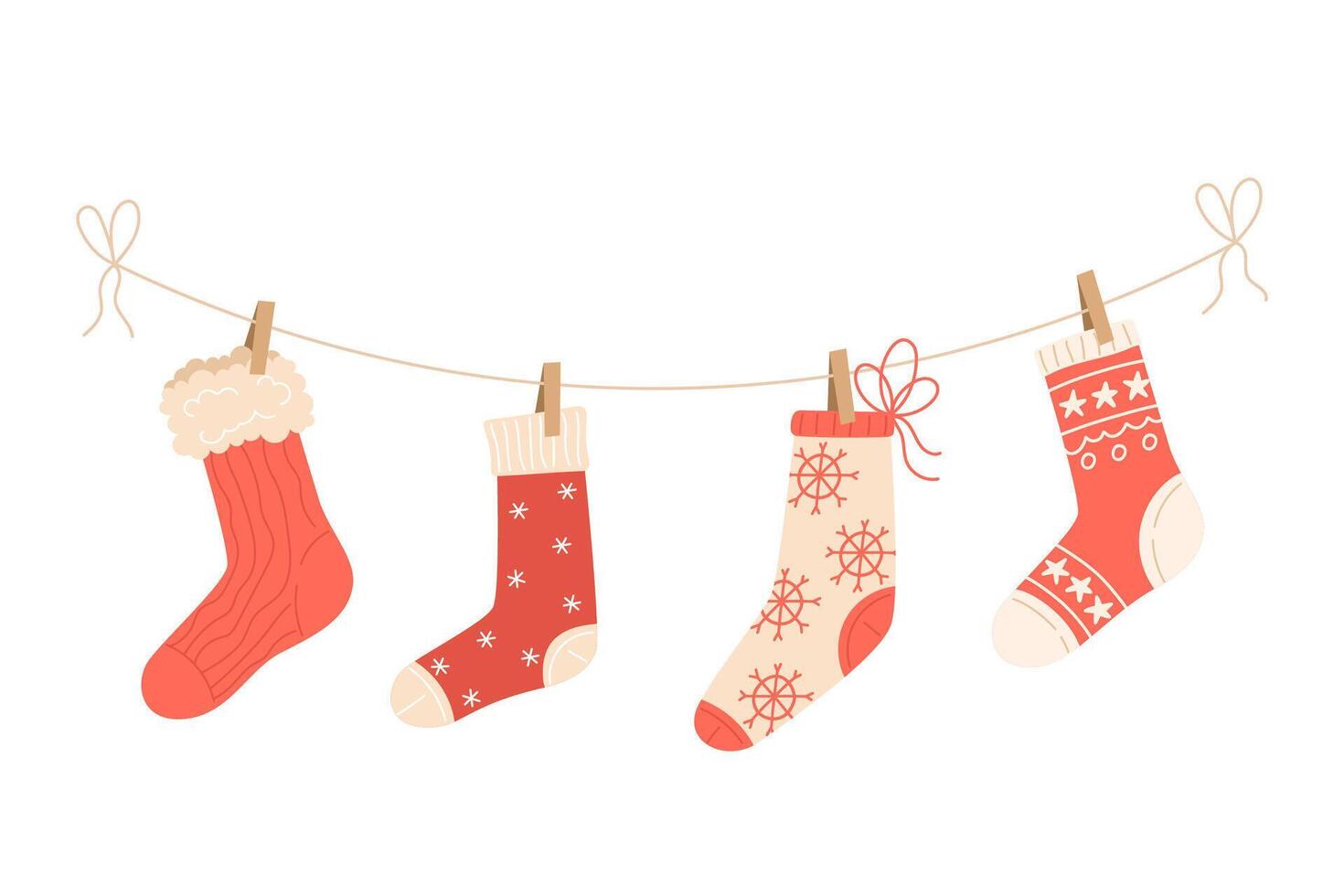Christmas-Themed Stockings Hanging on a Line with Clothespins vector