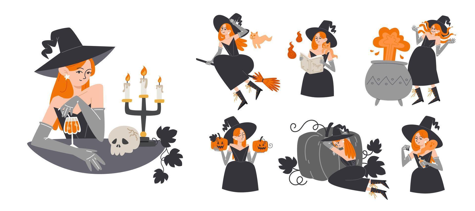 Set of Characters with Red Haired Witch in Black Attire vector