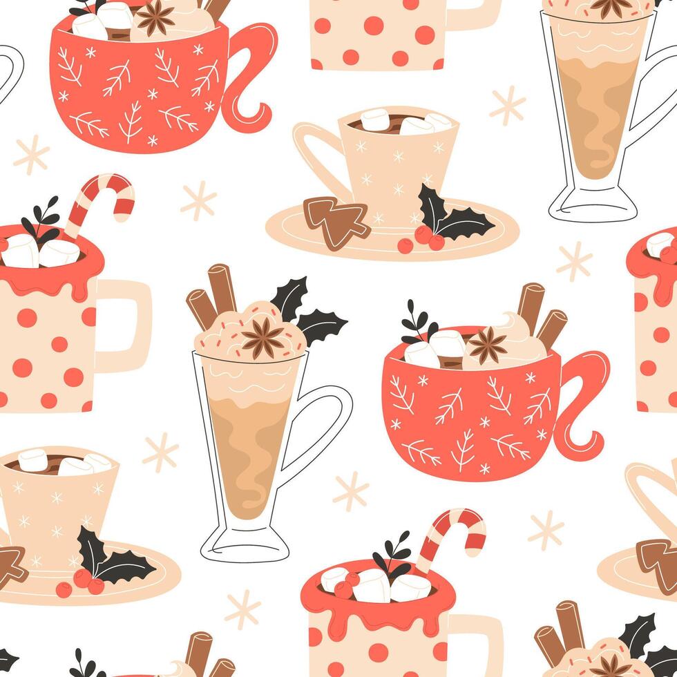 Seamless Christmas Hot Beverage Pattern with Coffee, Latte, Hot Chocolate, Cinnamon, Anise, and Gingerbread vector