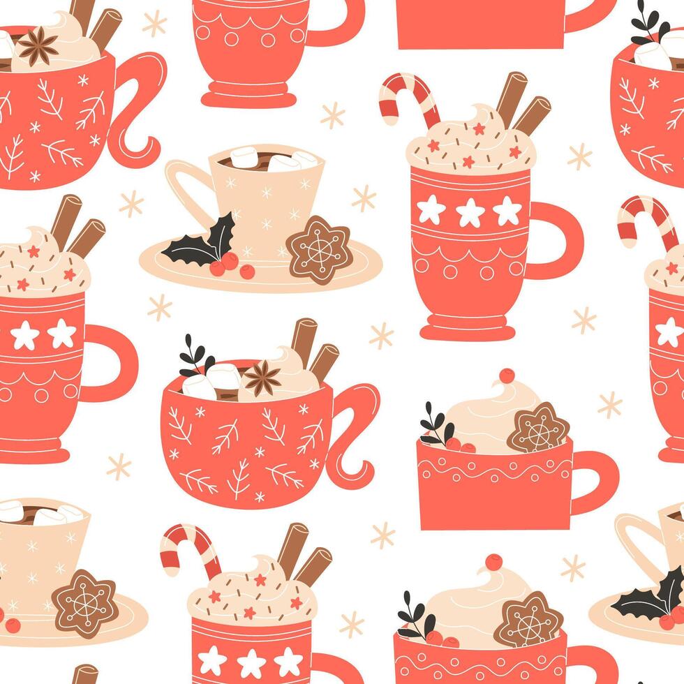 Seamless Cafe Christmas Pattern with Hot Coffee, Latte, Hot Chocolate, Cinnamon and Gingerbread vector