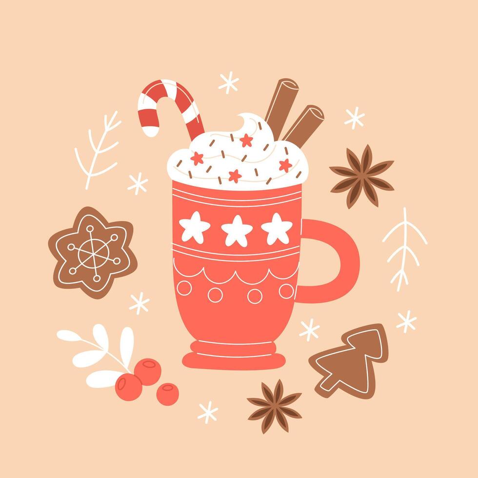 Cafe Christmas Mug with Hot Beverage and Cream, Latte, Coffee, Hot Chocolate, Cocoa, Anise, and Gingerbread vector