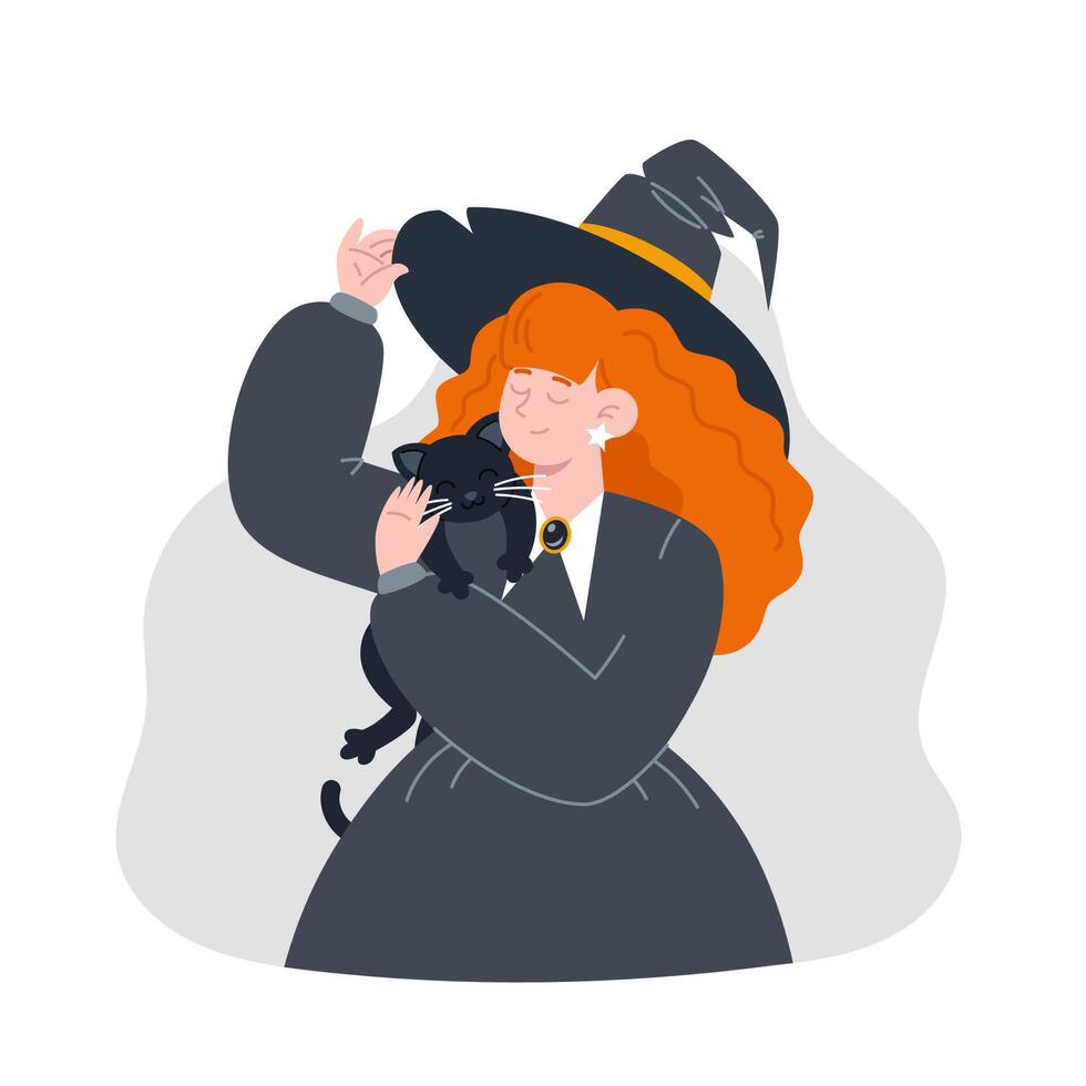 Witch in Black Attire and Hat is Holding a Black Cat for Halloween vector