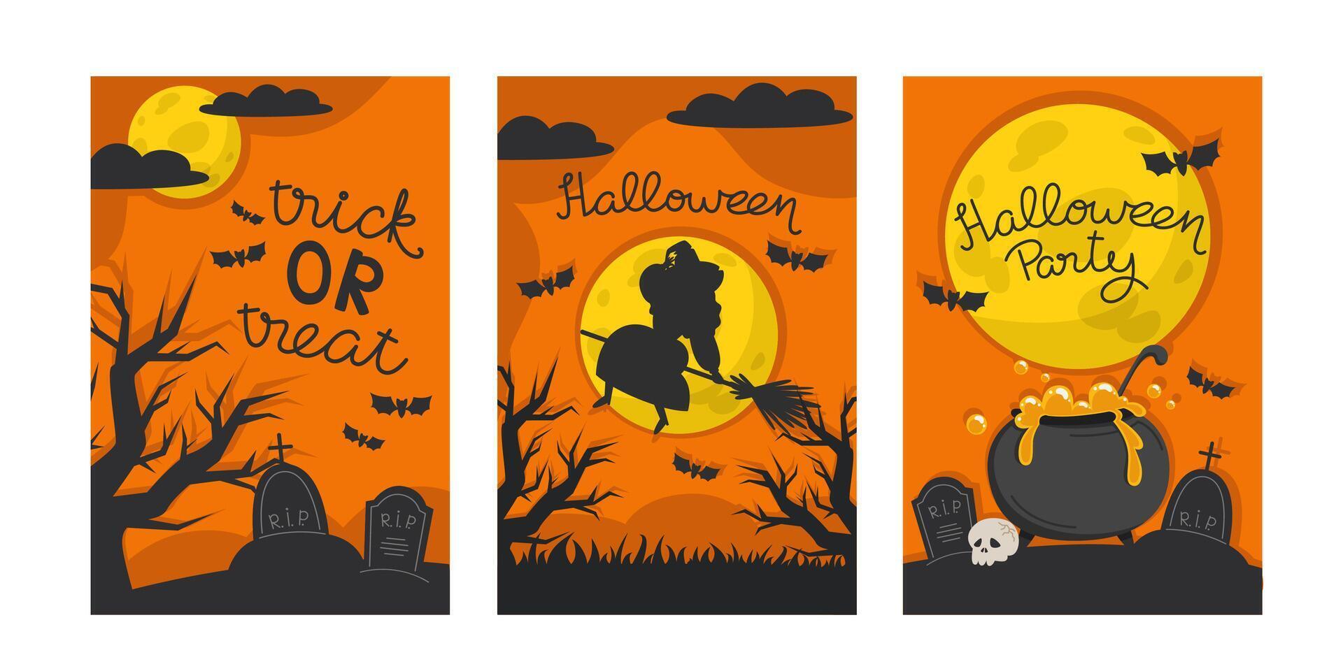 Set of Three Halloween Posters with Witch, Witch's Cauldron and a Cemetery vector
