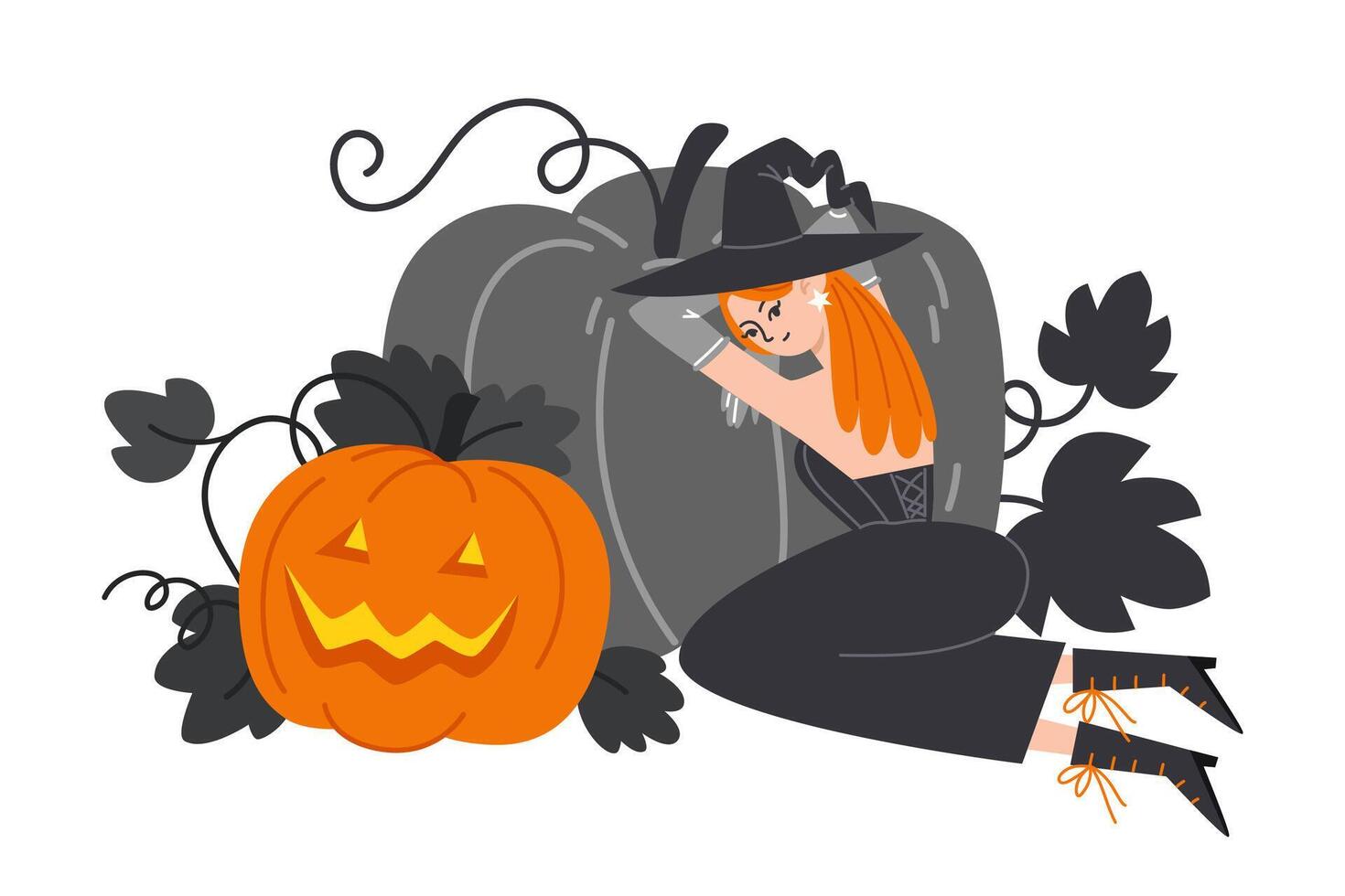 Witch Sitting Among Halloween Pumpkins and Lanterns vector