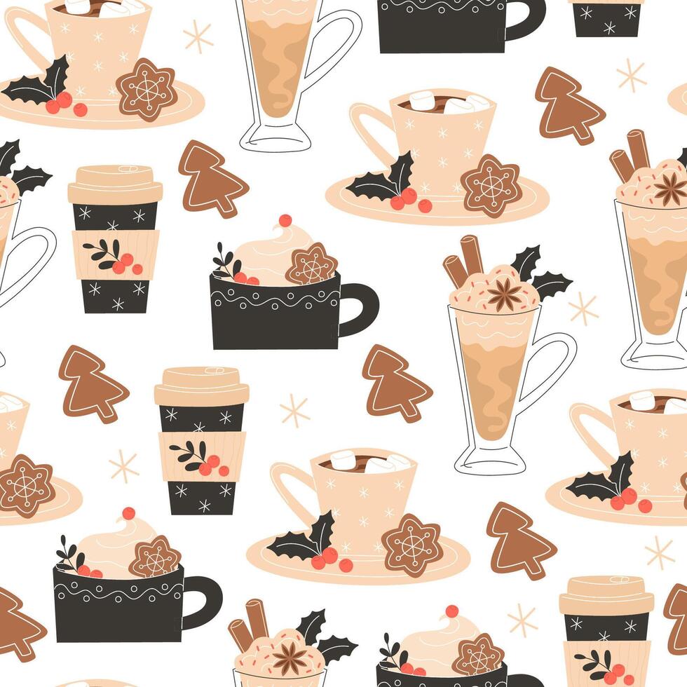 Seamless Cafe Christmas Pattern with Hot Coffee, Latte, Hot Chocolate, Cinnamon, Anise, and Gingerbread vector