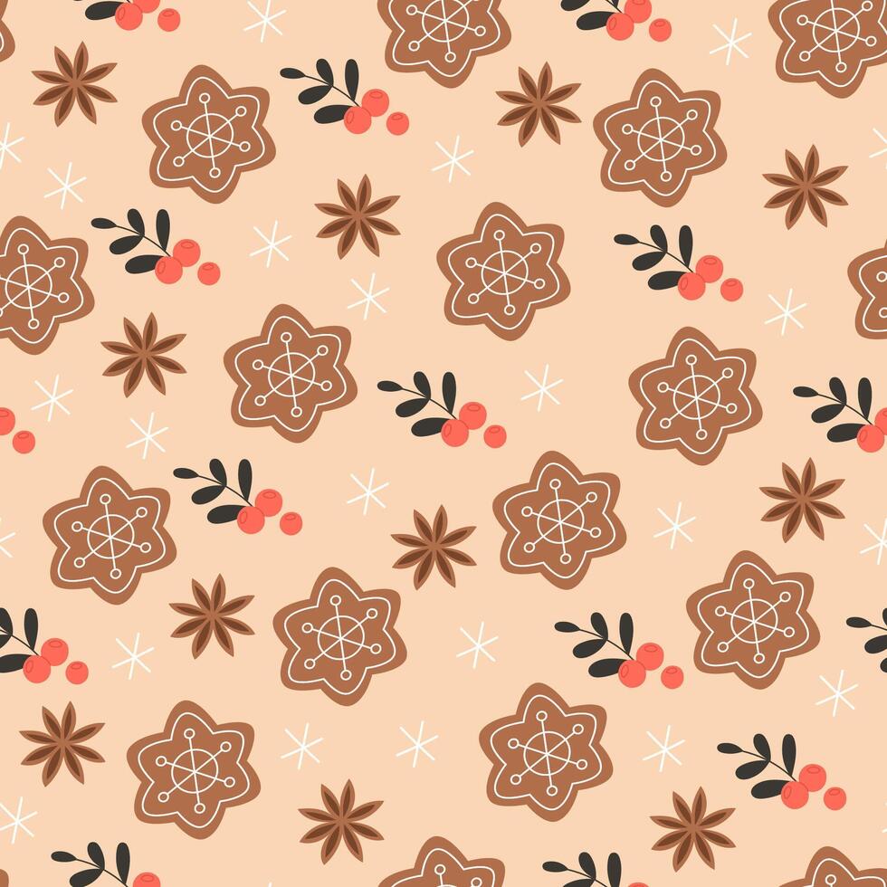 Seamless Pattern with Anise, Gingerbread, and Snowflakes vector
