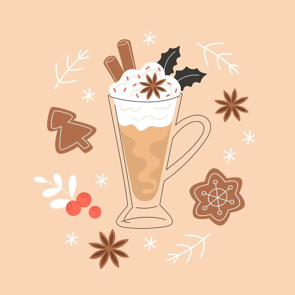 Cafe Christmas Tall Glass Cup with Hot Beverage and Cream, Latte, Coffee, Hot Chocolate, Cocoa, Anise, and Gingerbread vector