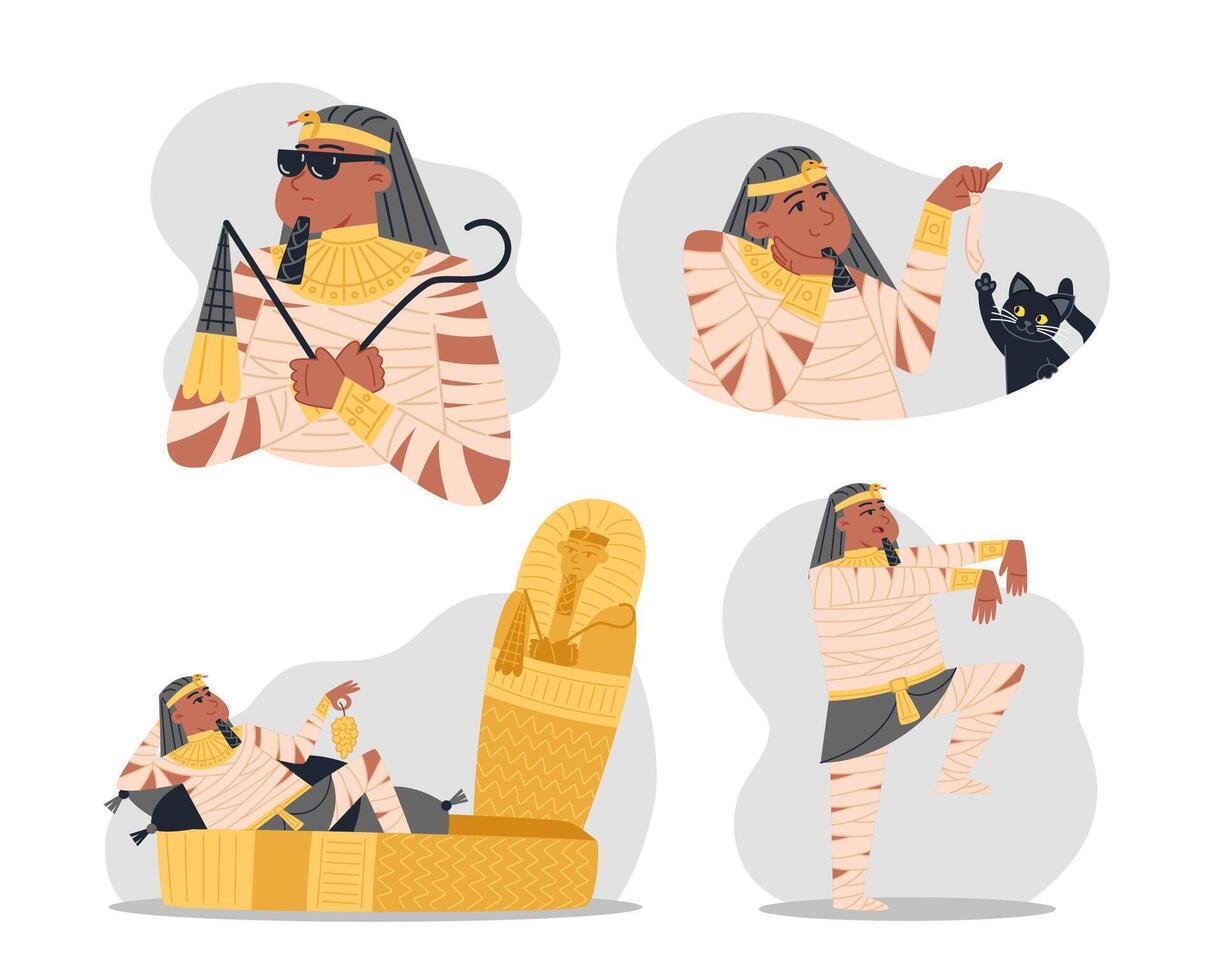 Set of Characters with Pharaoh, Sarcophagus and Black Cat vector