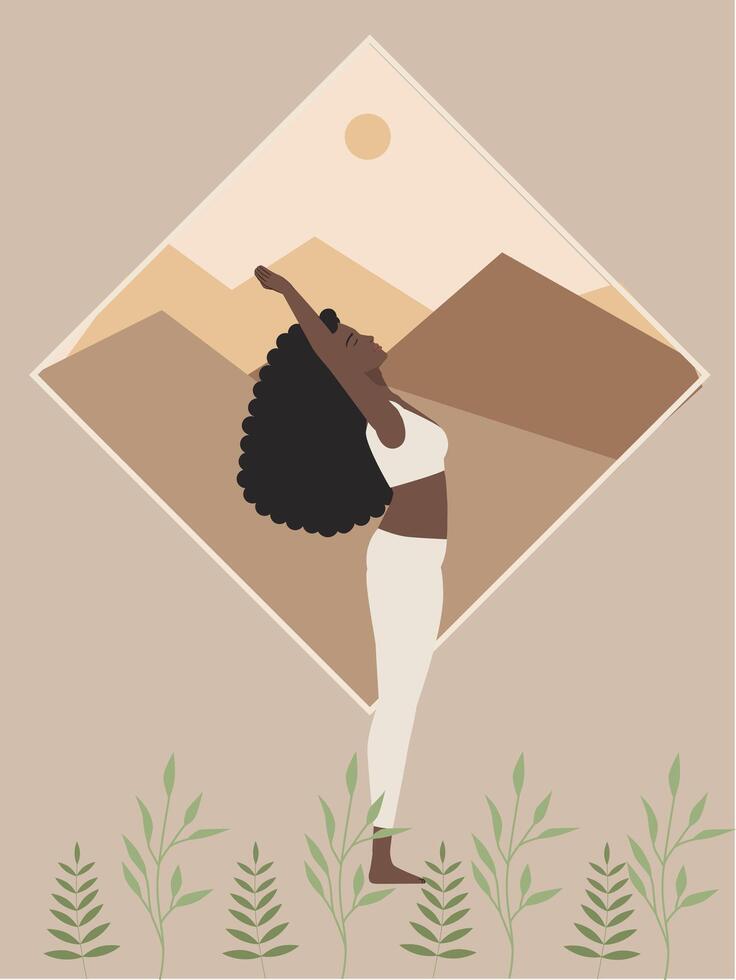 Brown woman doing yoga with mountain background poster vector