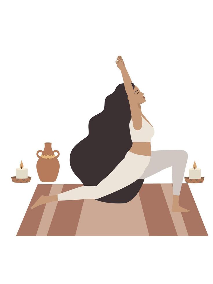 White woman doing yoga with candles. vector