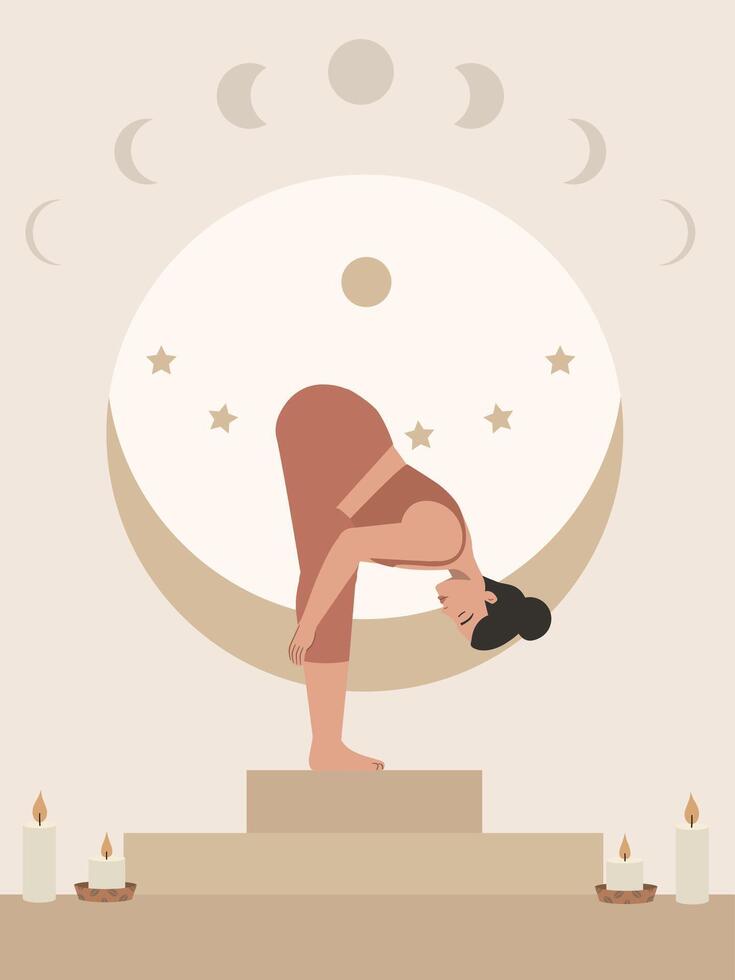White body positive woman doing yoga with candles poster vector