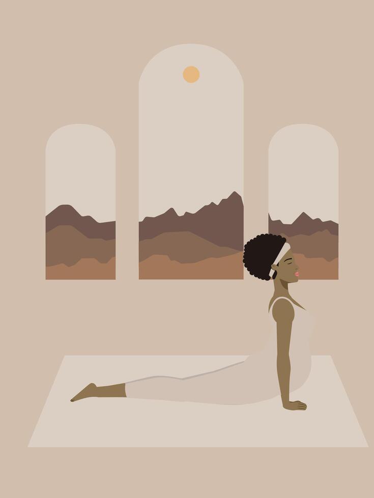 Brown pregnant woman doing yoga with a mat by the window poster vector