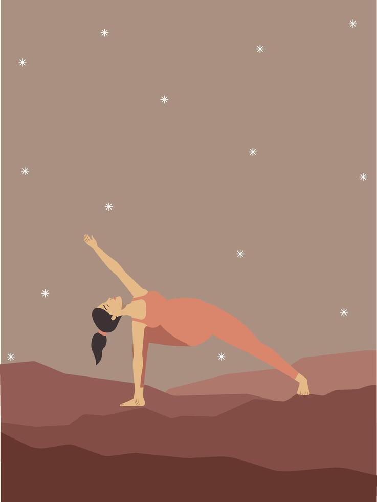 White pregnant woman doing yoga on the mountain by the stars poster vector