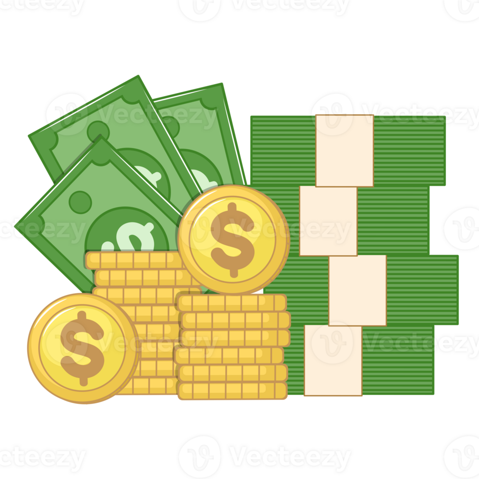 Stack of Dollar Money and Golden Coins png