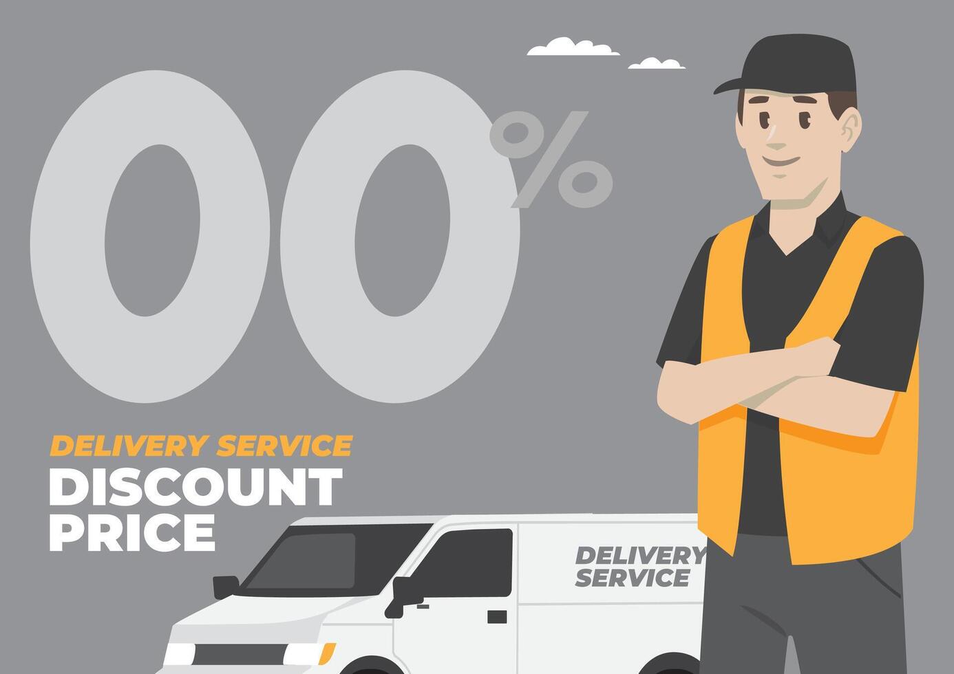expedition delivery service man with work jacket and side promotion discount price campaign standing in front car vector