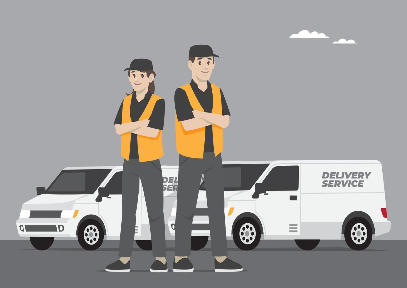 expedition delivery service man and woman with work jacket and side promotion discount price campaign standing in front car vector