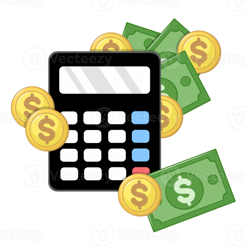 Calculator with Dollar Money and Golden Coins png