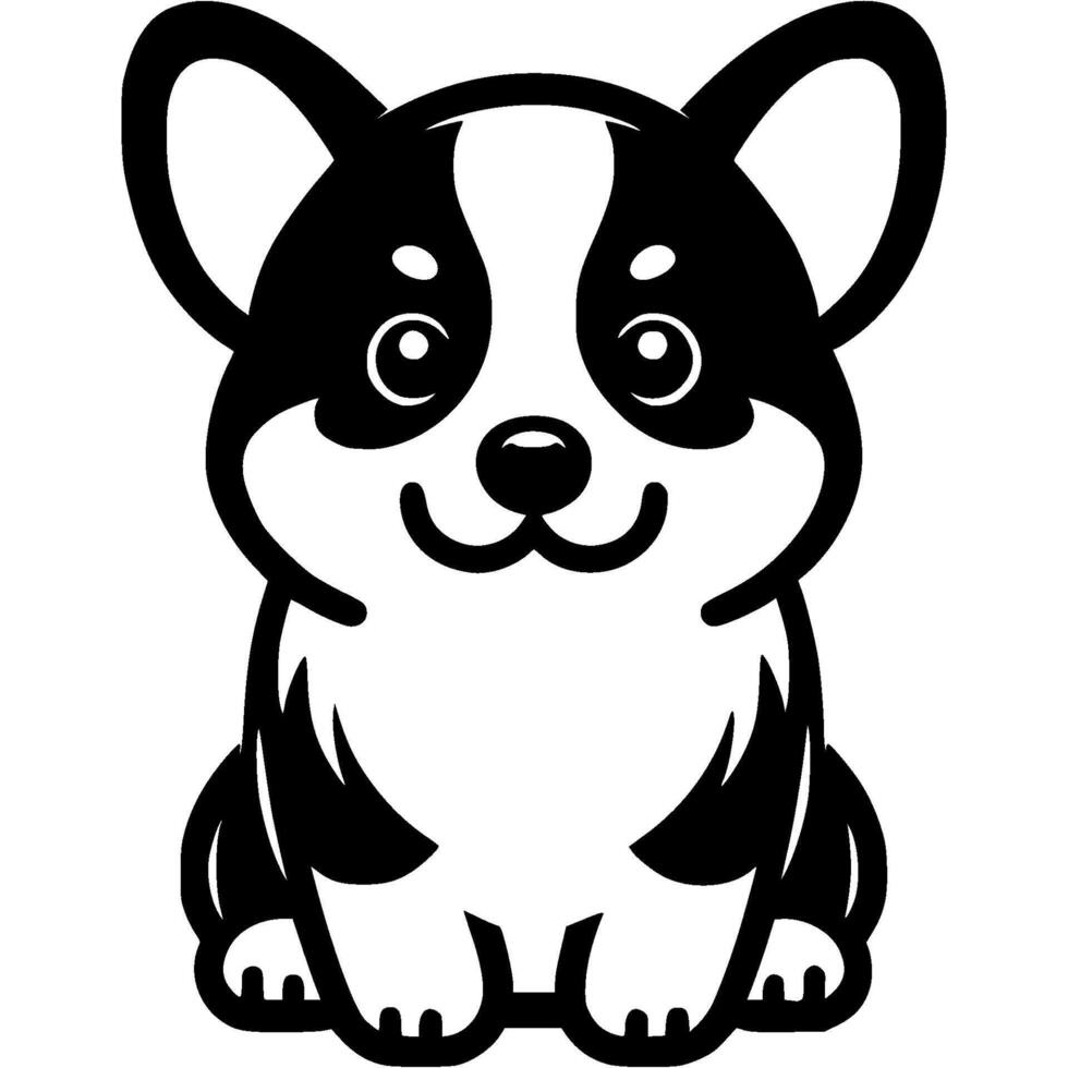 Sitting corgi puppy front view in monochrome. Simple minimalistic in black ink drawing on white background vector