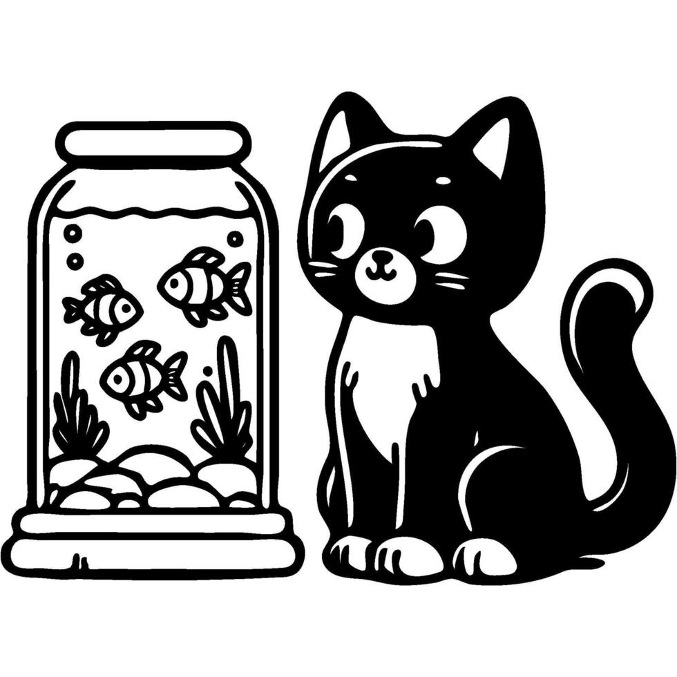 Cat sits near an aquarium with domestic fish in monochrome. Simple minimalistic in black ink drawing on white background vector