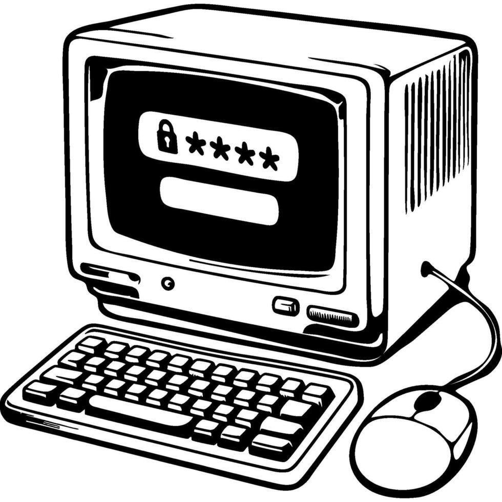 Desktop computer protected with a complex password in monochrome. Simple minimalistic in black ink drawing on white background vector