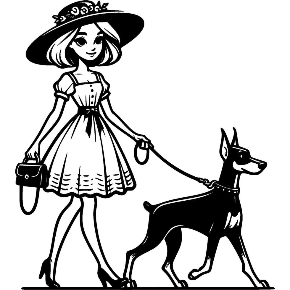 Elegant girl in dress with small handbag leads doberman on leash in monochrome. Simple minimalistic in black ink drawing on white background vector