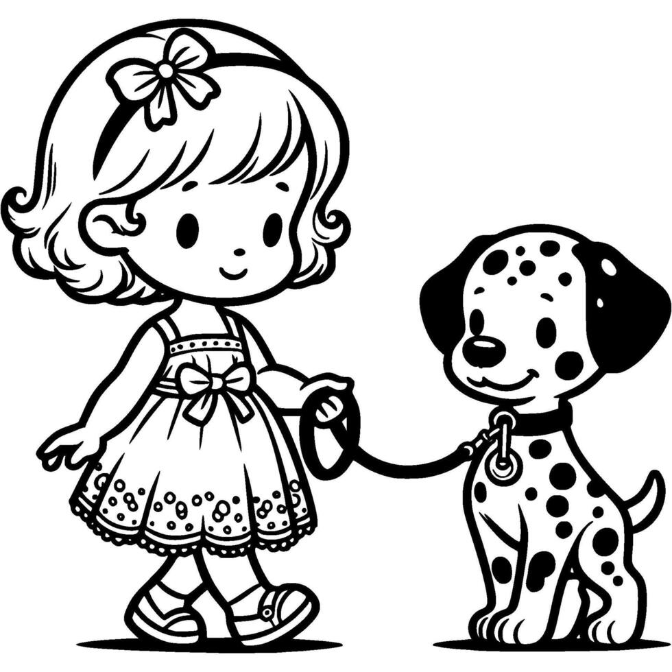Little girl owner of a dalmatian puppy in monochrome. Simple minimalistic in black ink drawing on white background vector