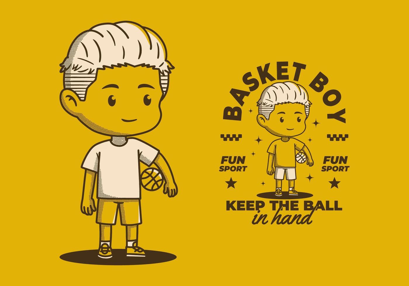 Retro Cute Basket boy character holding a basket ball with full yellow background vector