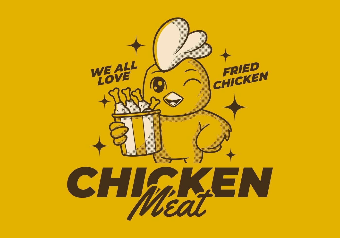 We all love fried chicken. Retro mascot character of chicken or rooster holding a cup of fried chicken, good for product packaging print vector