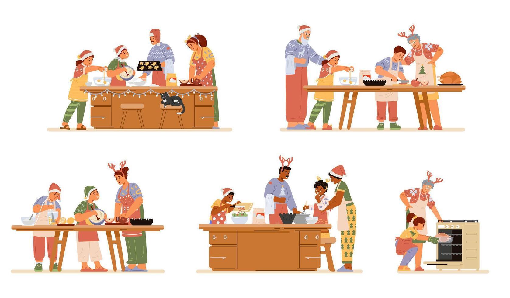 Different families in Christmas outfits preparing food for Christmas dinner illustrations set. Baking pies, cookies, turkey, making salad. vector