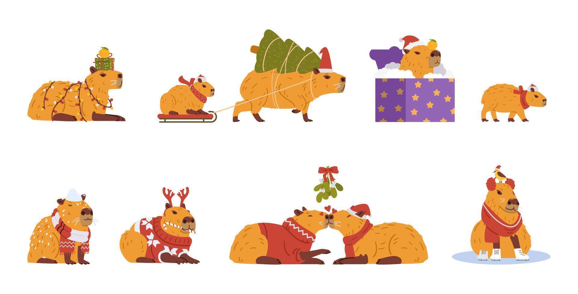 Cute capybaras in Christmas outfit Santa hats, deer antlers, sweaters, scarfs, with Christmas tree, under snow, kissing under the mistletoe, on ice rink, sitting in a gift box vector