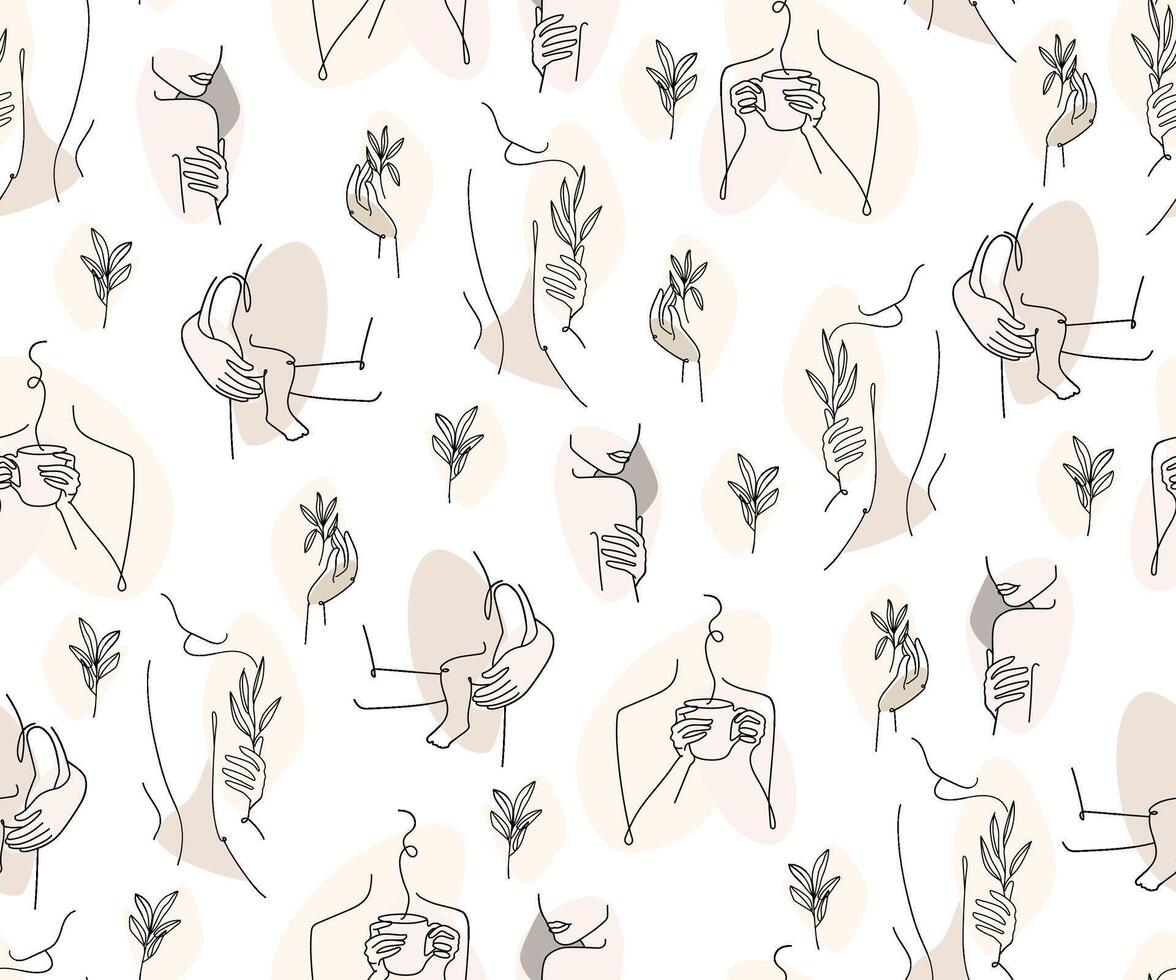 Seamless pattern drawn by hands in line art style. The background is dedicated to femininity, motherhood, nature, new life. vector
